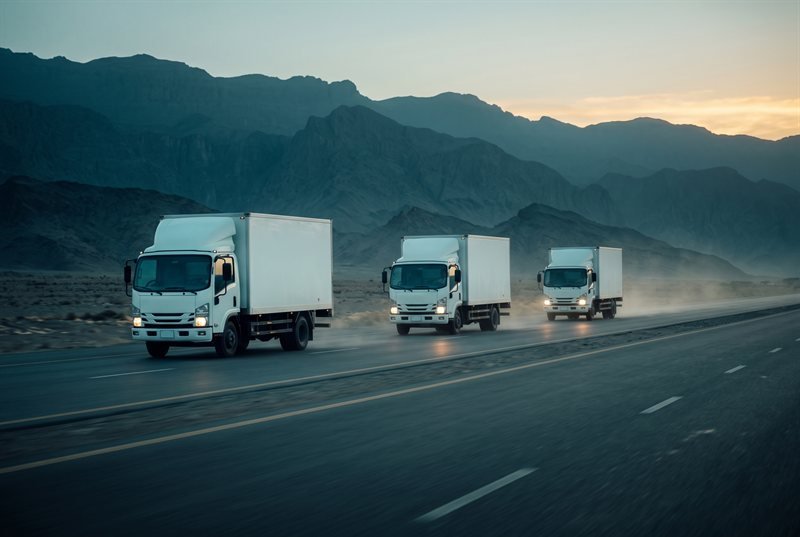 White delivery trucks driving along a highway through the mountains at dusk