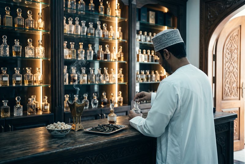 A perfume shop with shelves of crystal bottles, oud and incense on the counter